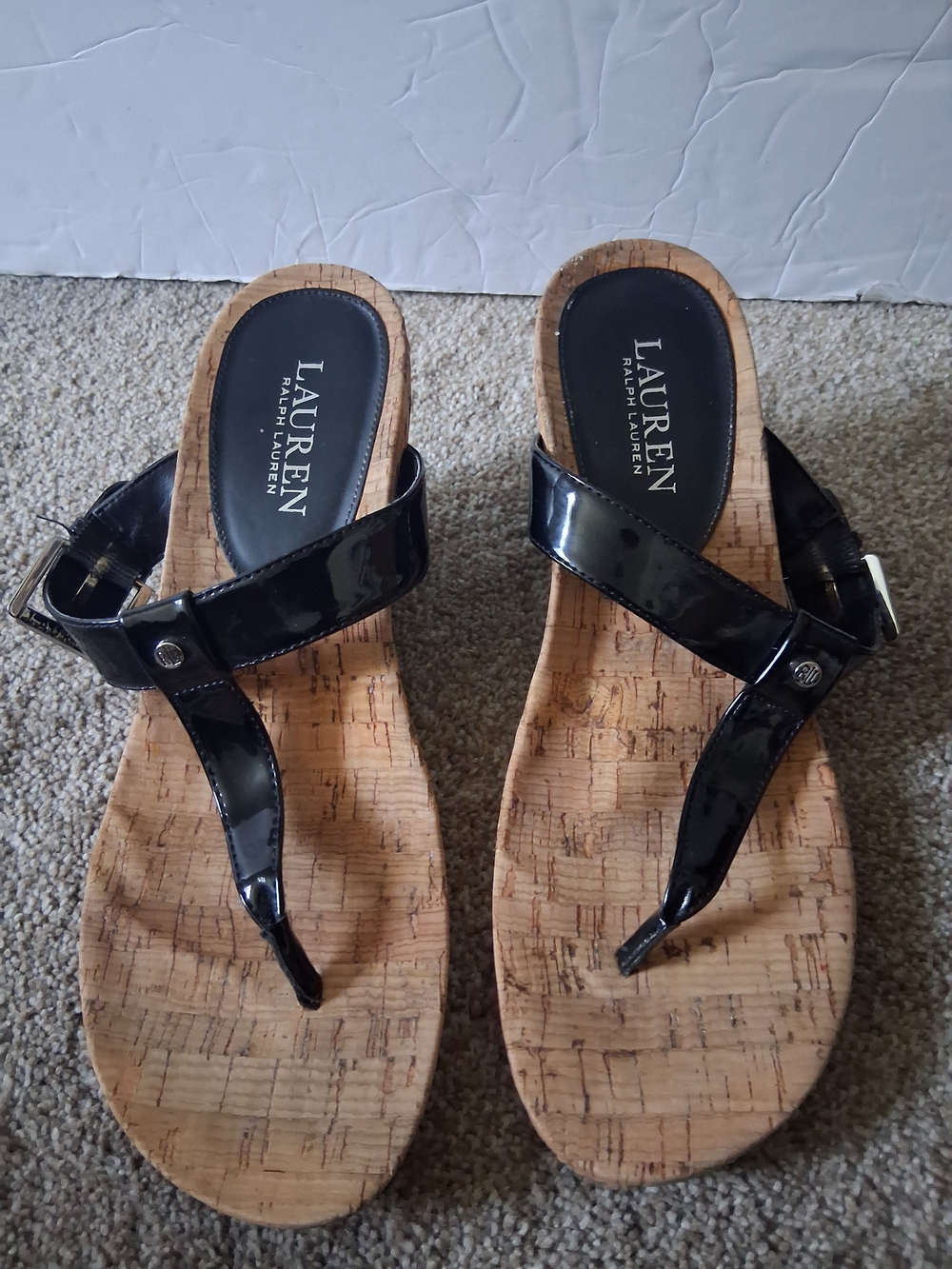 Lauren Ralph Lauren Black Patent Cork Wedge Thong Sandals Size 6.5